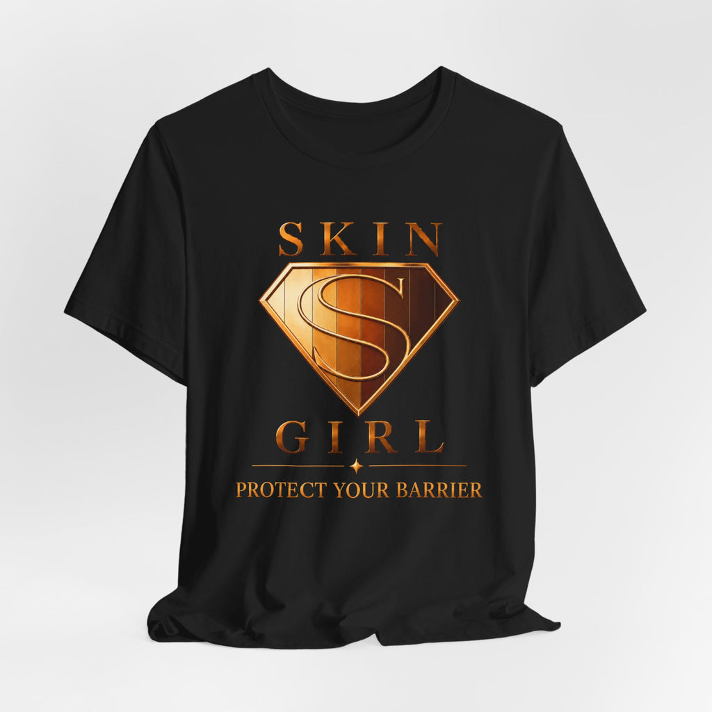 Black unisex t-shirt featuring the Skin Girl™ shield logo in bronze and gold with Protect Your Barrier text.