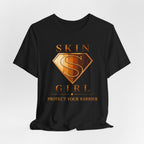 Black unisex t-shirt featuring the Skin Girl™ shield logo in bronze and gold with Protect Your Barrier text.