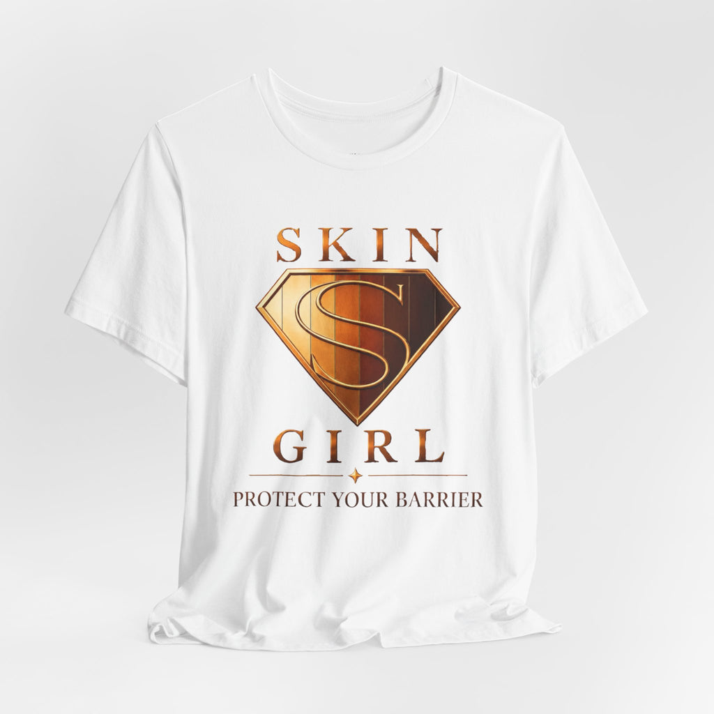 White graphic t-shirt featuring the Skin Girl™ shield emblem and skincare-inspired branding.