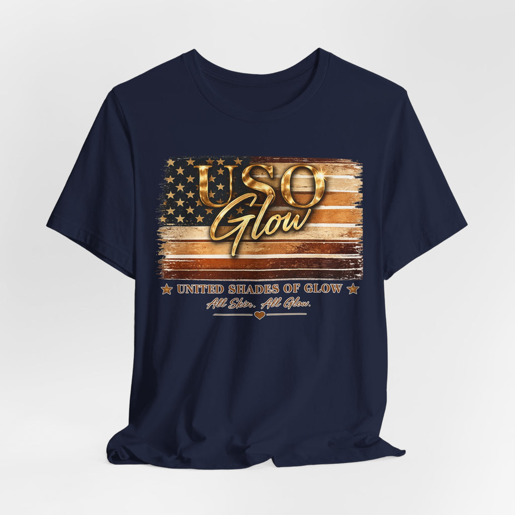 Navy blue unisex t-shirt with the United Shades of Glow™ design showcasing an American flag-inspired beauty graphic.