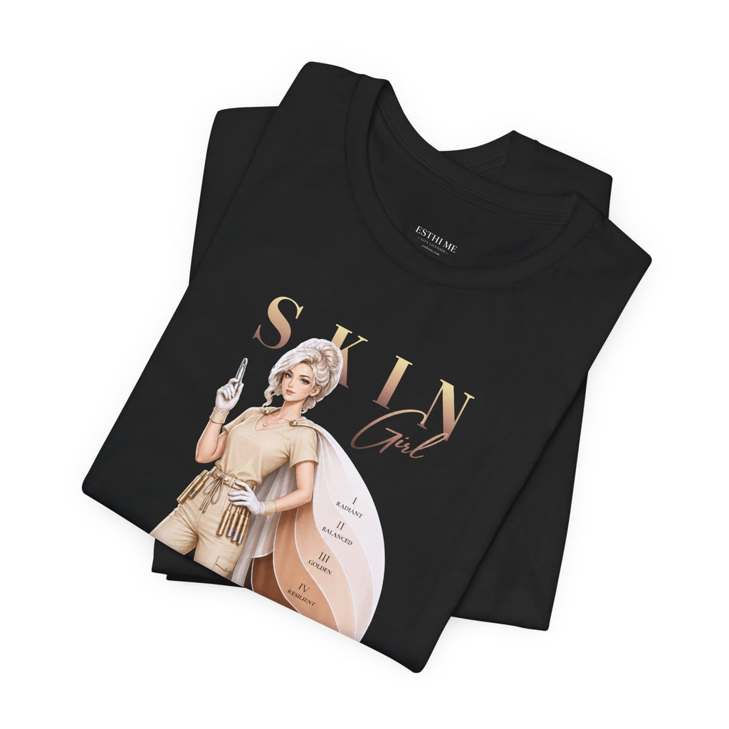 Folded black Skin Girl Fitz I Radiant esthetician graphic t-shirt with front graphic artwork