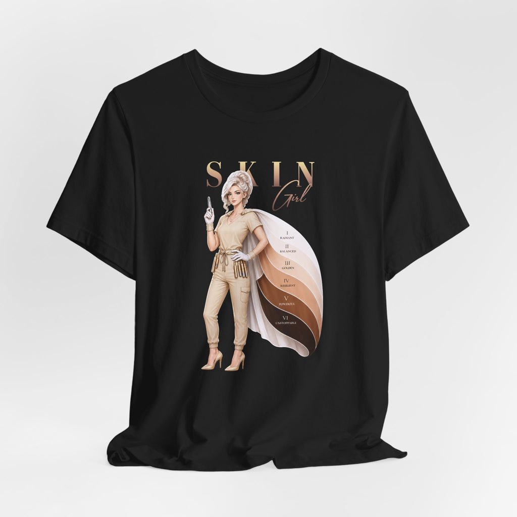 Black Skin Girl Fitz I Radiant esthetician graphic t-shirt front view displaying artwork
