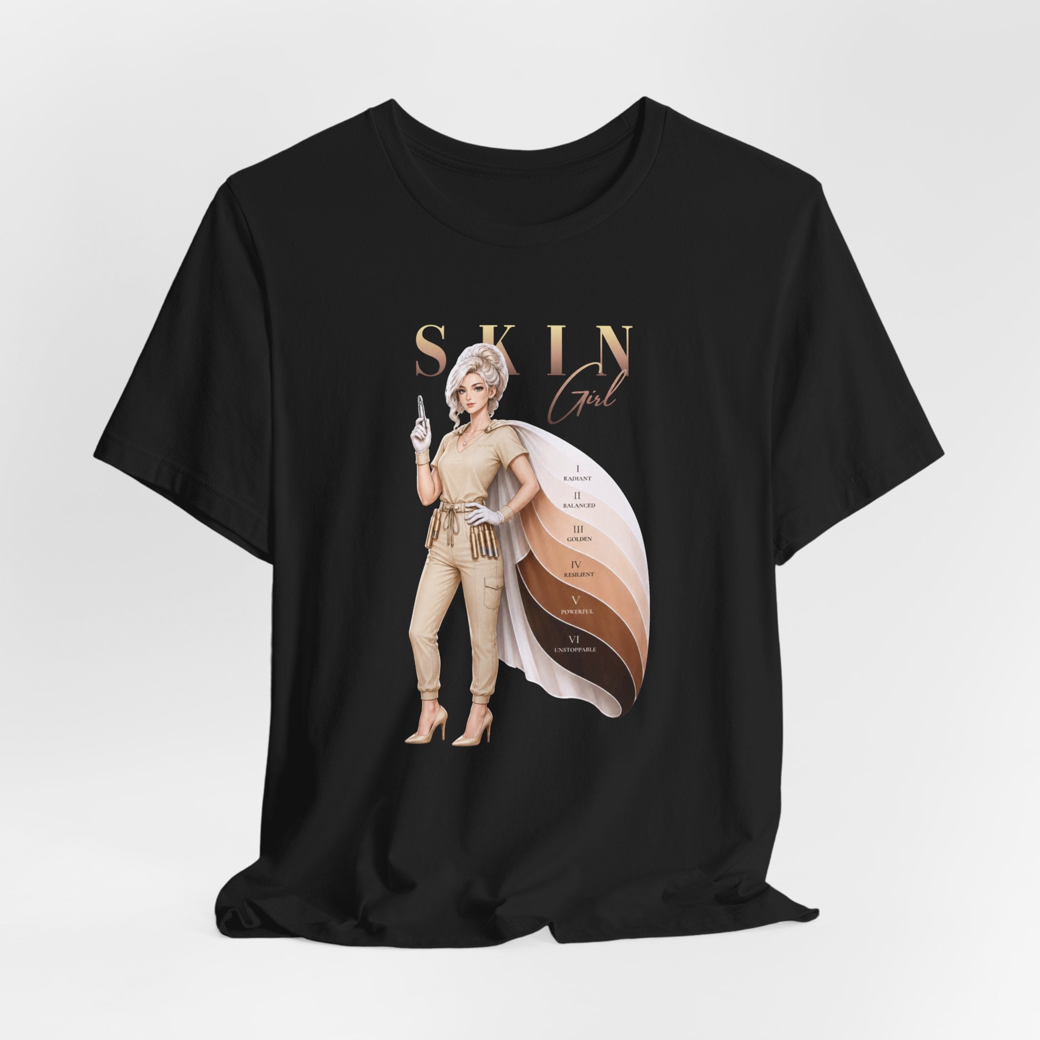 Black Skin Girl Fitz I Radiant esthetician graphic t-shirt front view displaying artwork