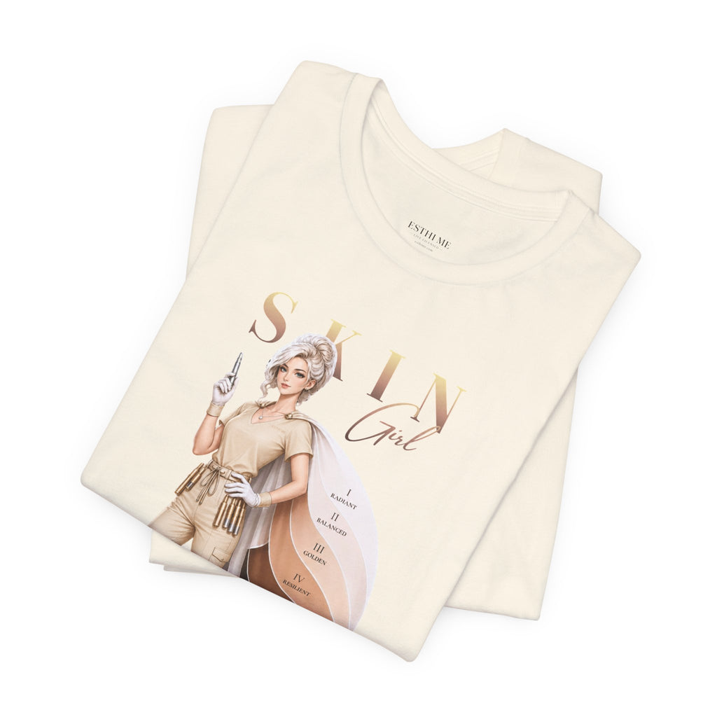 Folded natural color Skin Girl Fitz I Radiant esthetician graphic t-shirt displaying full front artwork