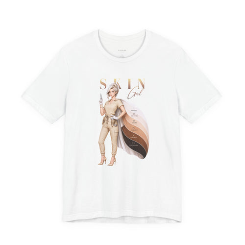 White Skin Girl Fitz I Radiant esthetician graphic t-shirt featuring Fitzpatrick spectrum cape design