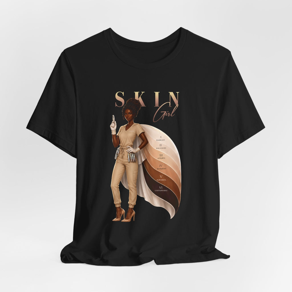 Black Skin Girl Fitz 6 Unstoppable esthetician graphic t-shirt front view displaying artwork
