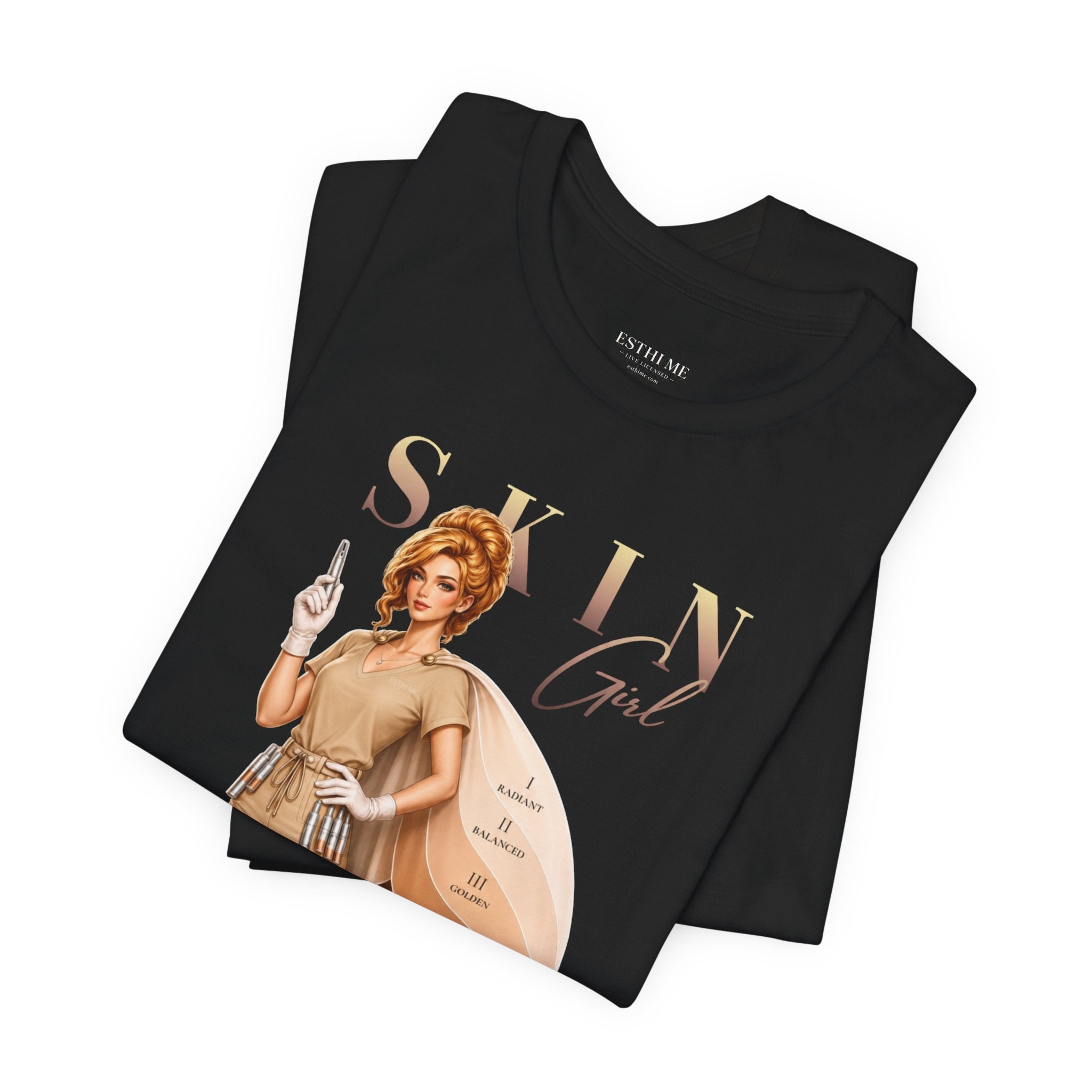 Folded black Skin Girl Fitz 2 Balance esthetician graphic t-shirt with front graphic artwork