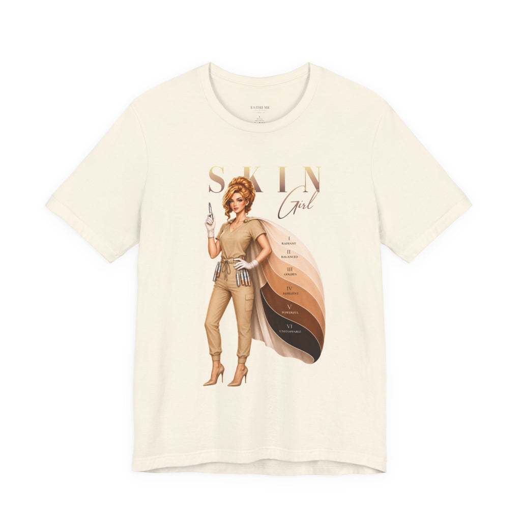 Natural Skin Girl Fitz 2 Balance esthetician graphic t-shirt featuring Fitzpatrick spectrum cape design