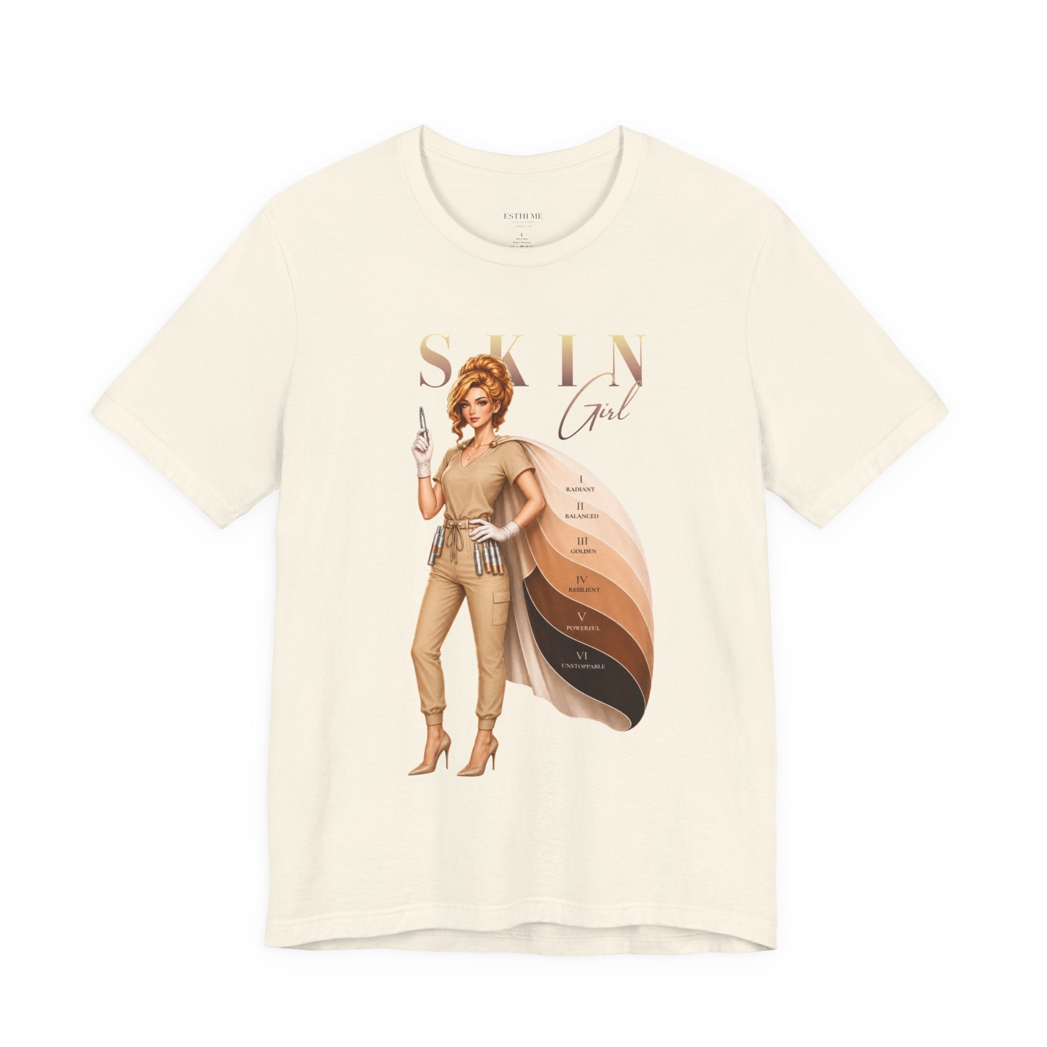 Natural Skin Girl Fitz 2 Balance esthetician graphic t-shirt featuring Fitzpatrick spectrum cape design