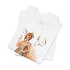 Folded white color Skin Girl Fitz 2 Balance esthetician graphic t-shirt displaying full front artwork