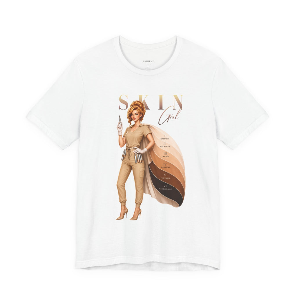White Skin Girl Fitz 2 Balance esthetician graphic t-shirt featuring Fitzpatrick spectrum cape design