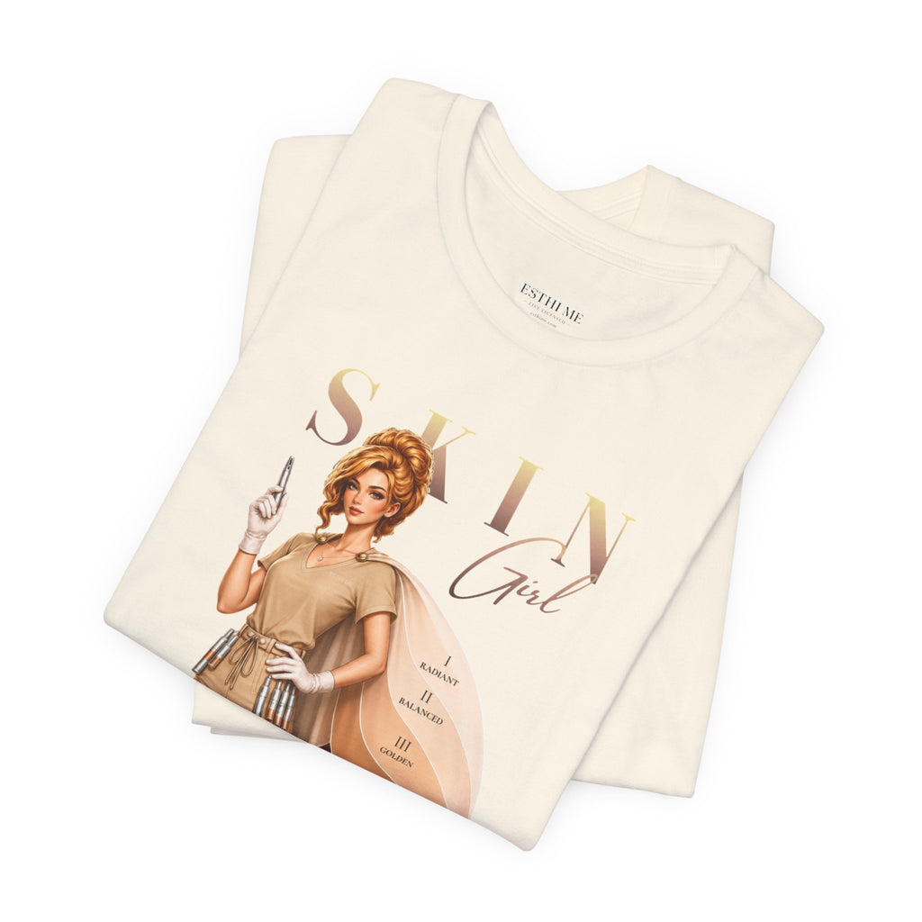 Folded natural color Skin Girl Fitz 2 Balance esthetician graphic t-shirt displaying full front artwork