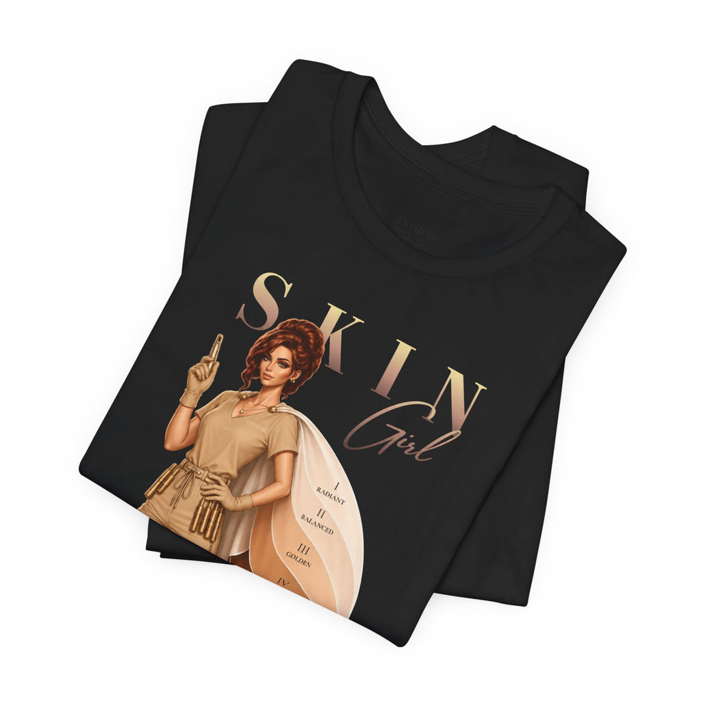Folded black Skin Girl Fitz 3 Golden esthetician graphic t-shirt with front graphic artwork