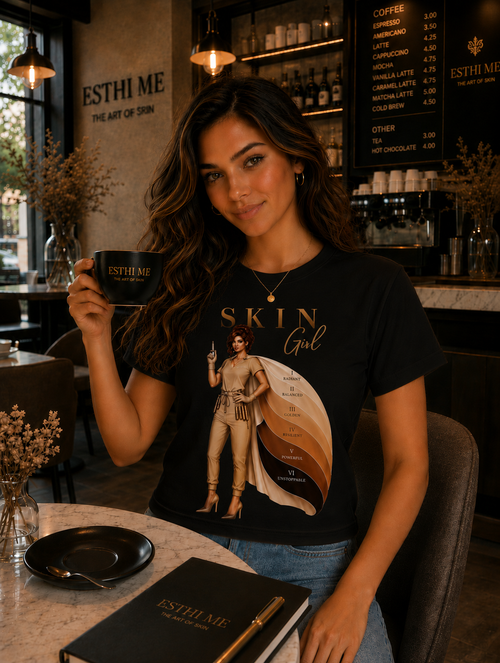 Woman wearing Skin Girl Fitz 3 Golden esthetician graphic t-shirt at the coffee shop 