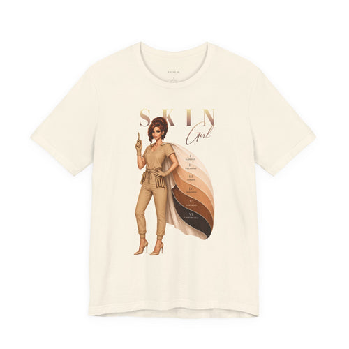 Natural Skin Girl Fitz 3 Golden esthetician graphic t-shirt front view displaying artwork