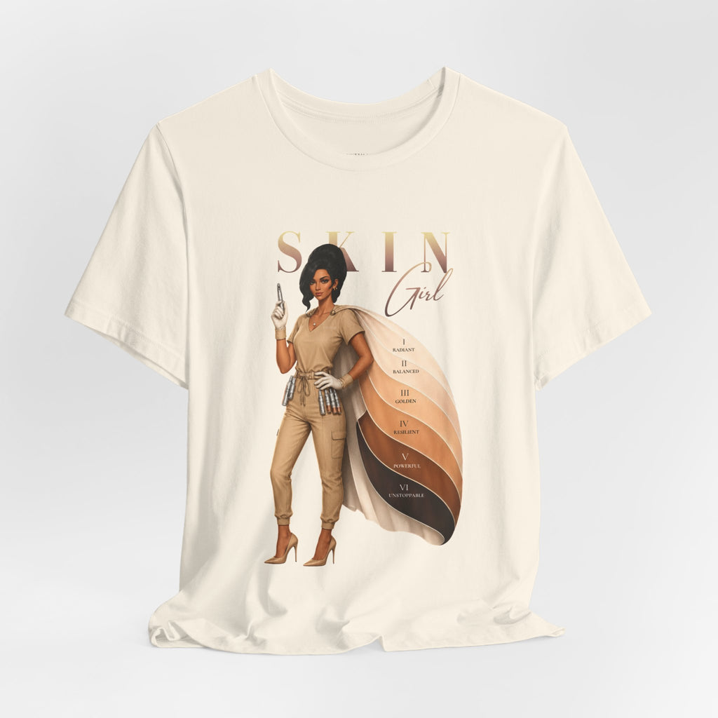 Natural Skin Girl Fitz 4 Resilient esthetician graphic t-shirt featuring Fitzpatrick spectrum cape design