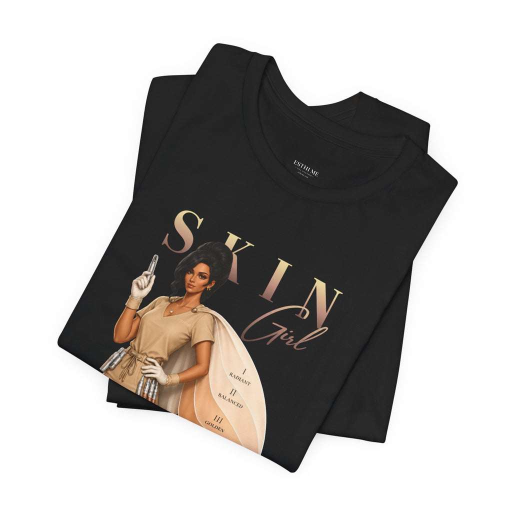 Folded black Skin Girl Fitz 4 Resilient esthetician graphic t-shirt with front graphic artwork