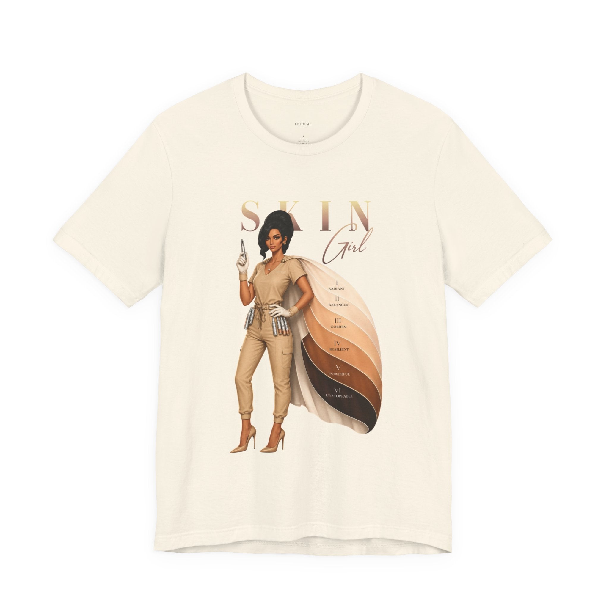 Black Skin Girl Fitz 4 Resilient esthetician graphic t-shirt front view displaying artwork