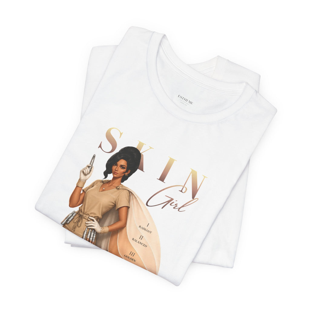 Folded white color Skin Girl Fitz 4 Resilient esthetician graphic t-shirt displaying full front artwork