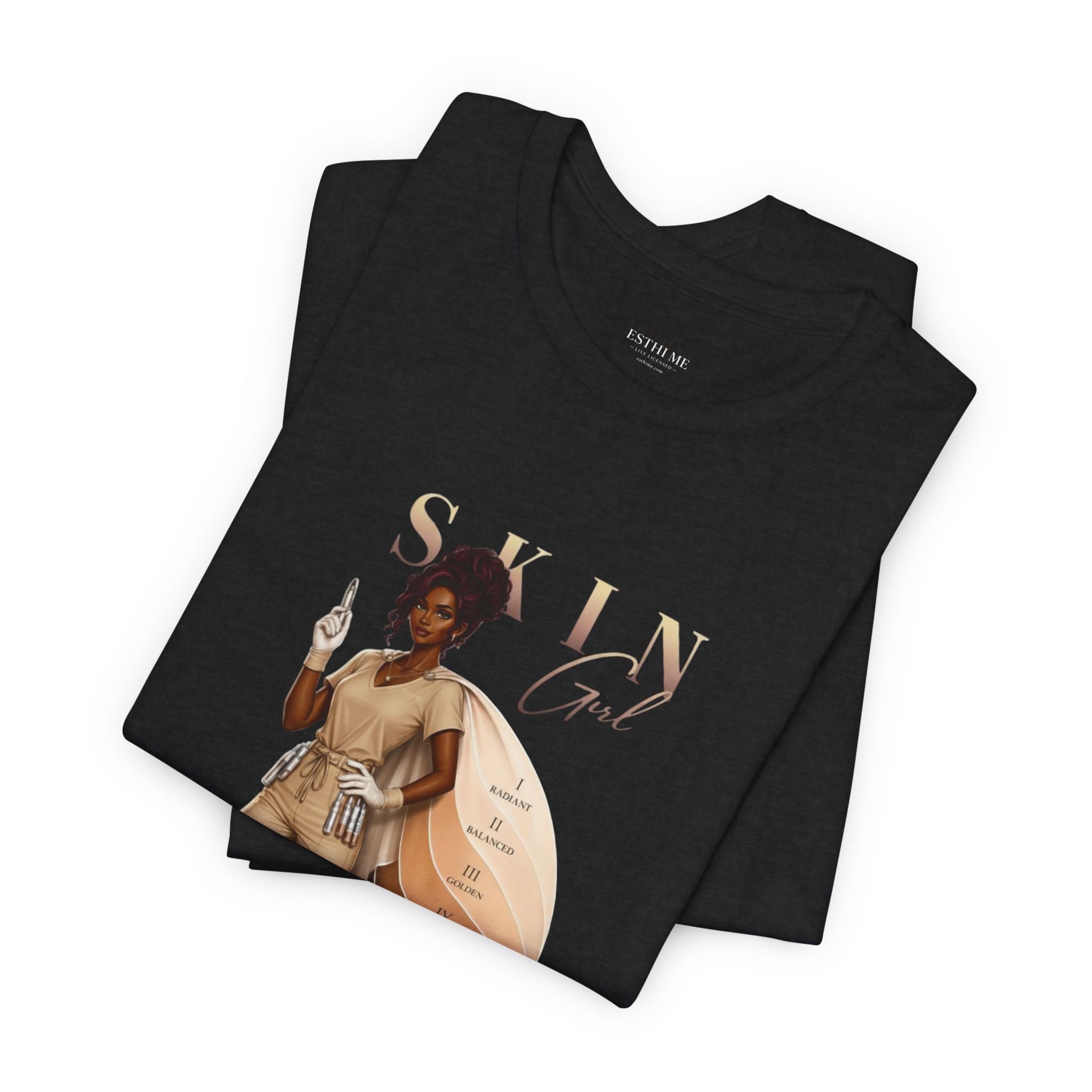 Folded black Skin Girl Fitz 5 Powerful esthetician graphic t-shirt with front graphic artwork