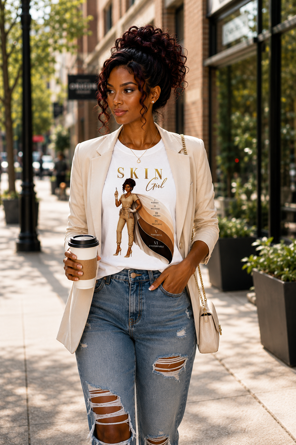 Woman wearing Skin Girl Fitz 5 Powerful esthetician graphic t-shirt walking through downtown city street with coffee in hand