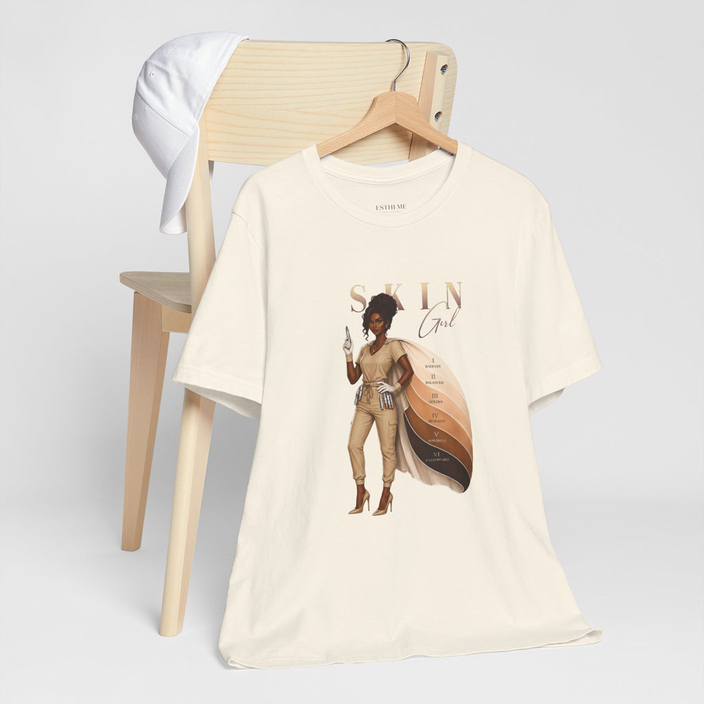 Natural Skin Girl Fitz 5 Powerful esthetician graphic t-shirt featuring Fitzpatrick spectrum cape design