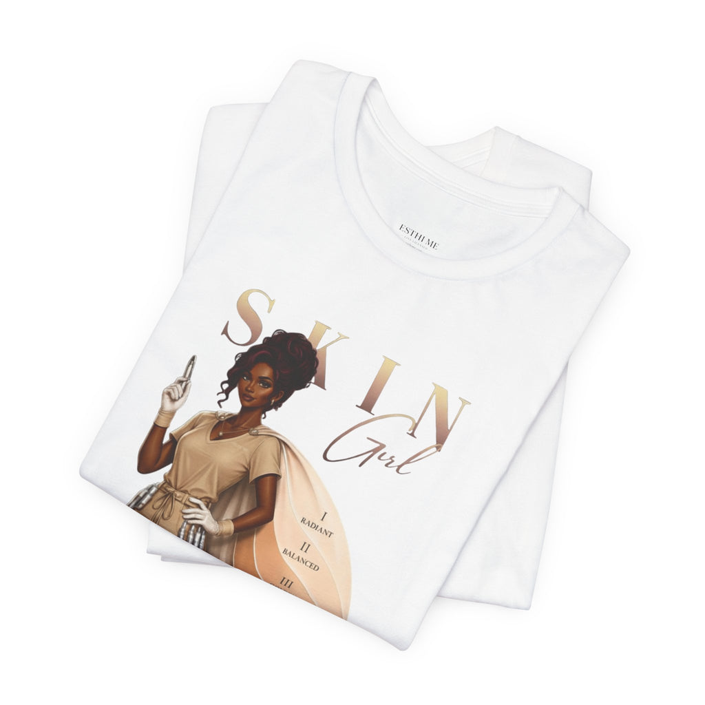 Folded white color Skin Girl Fitz 5 Powerful esthetician graphic t-shirt displaying full front artwork