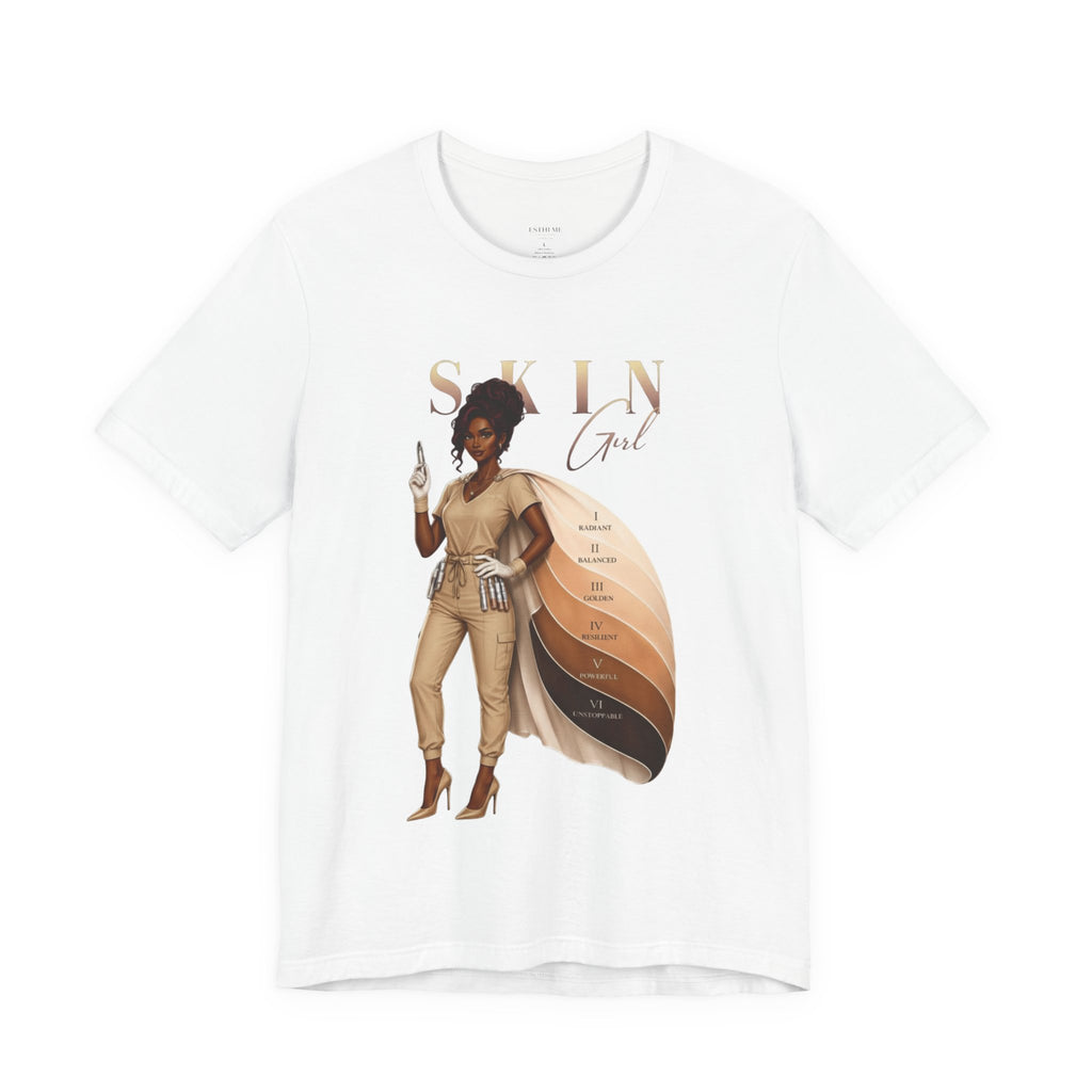White Skin Girl Fitz 5 Powerful esthetician graphic t-shirt front view displaying artwork