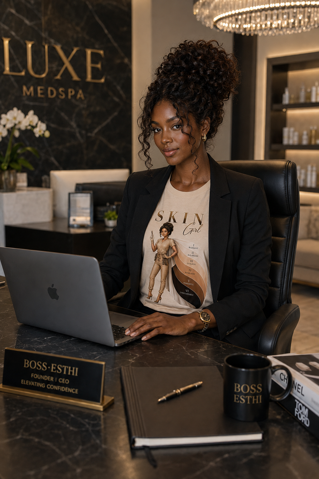 Woman wearing Skin Girl Fitz 6 unstoppable esthetician graphic t-shirt working in office 