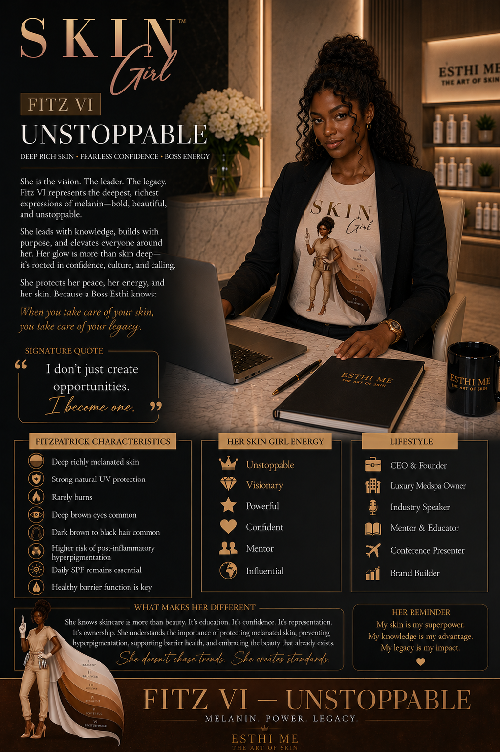 Skin Girl Fitz 5 Unstoppable educational story card featuring Fitzpatrick skin type characteristics and esthetician lifestyle branding