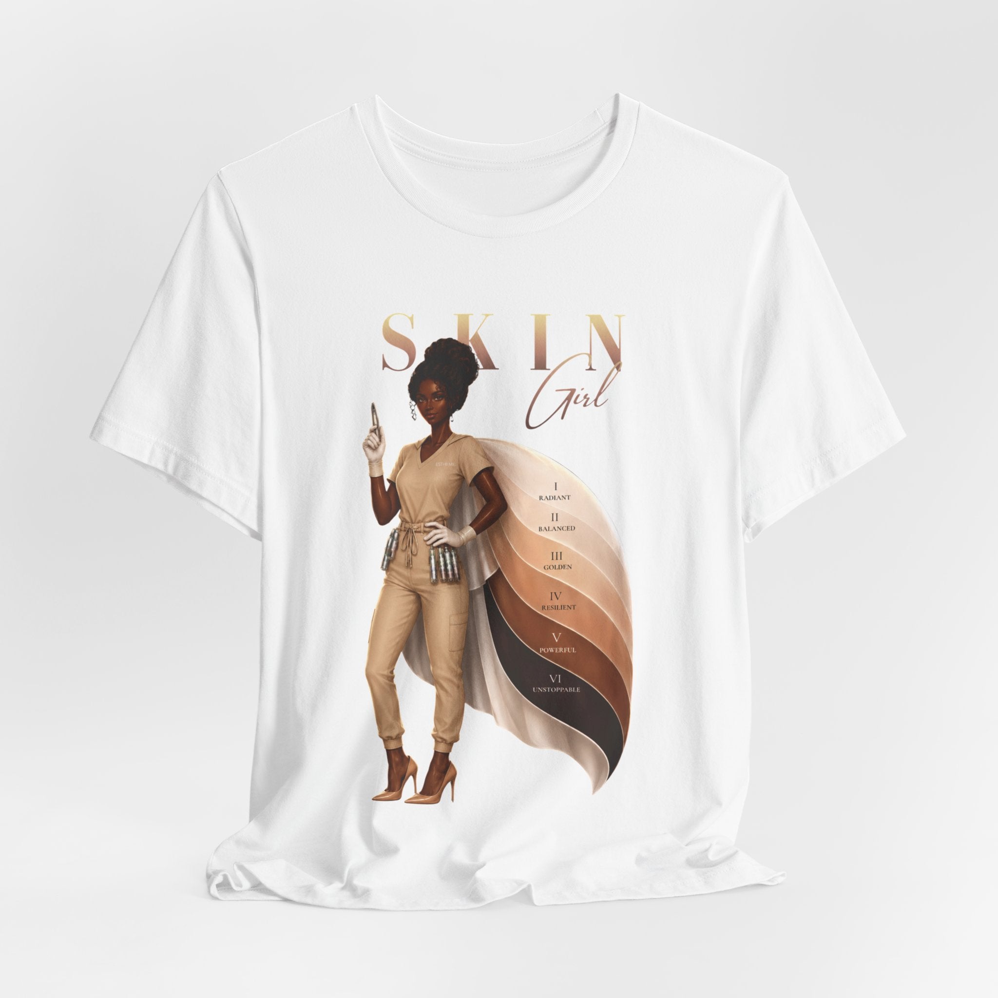 White Skin Girl Fitz 6 Unstoppable esthetician graphic t-shirt featuring Fitzpatrick spectrum cape design