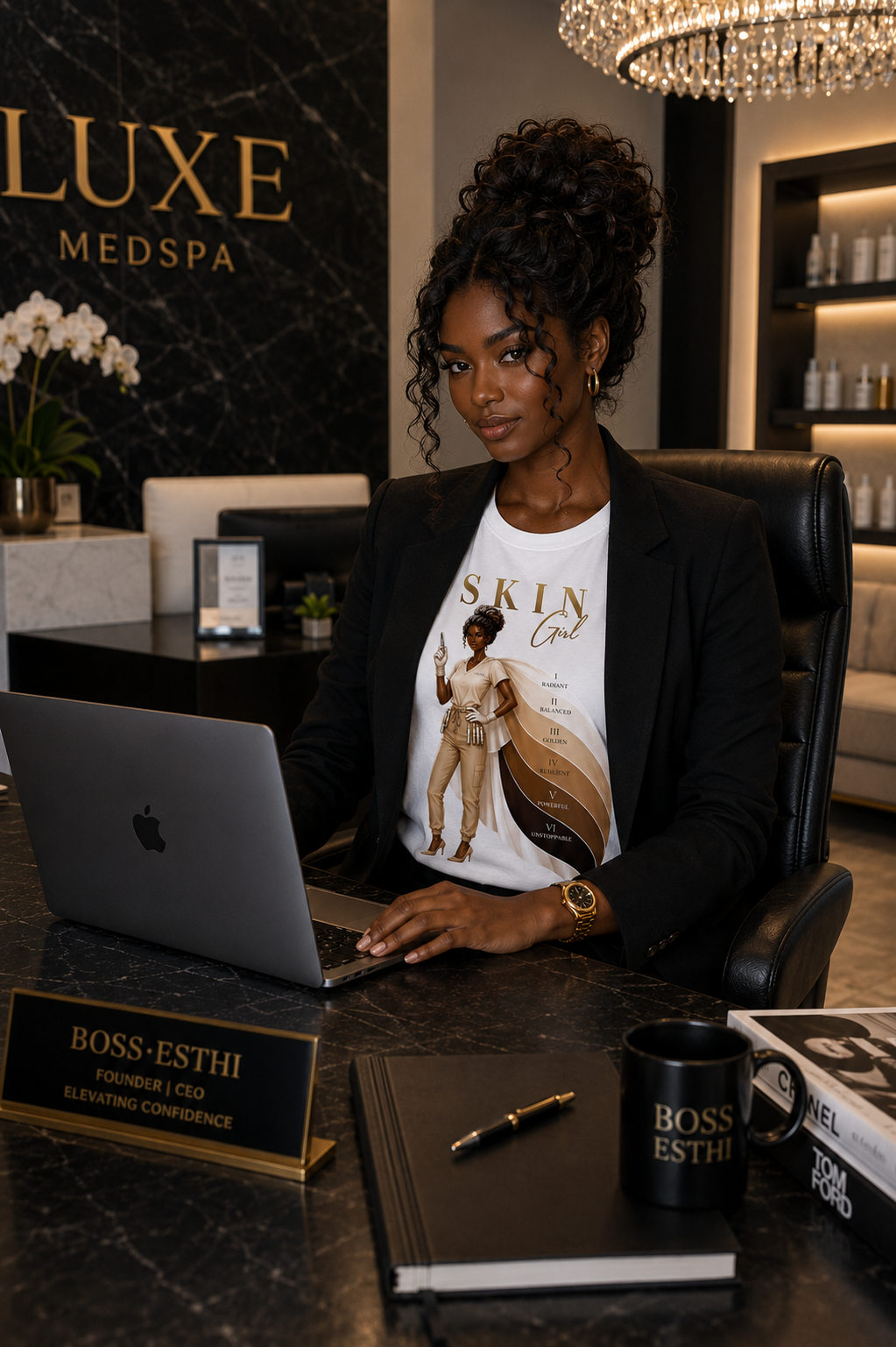 Woman wearing Skin Girl Fitz 6 unstoppable esthetician graphic t-shirt working in office 